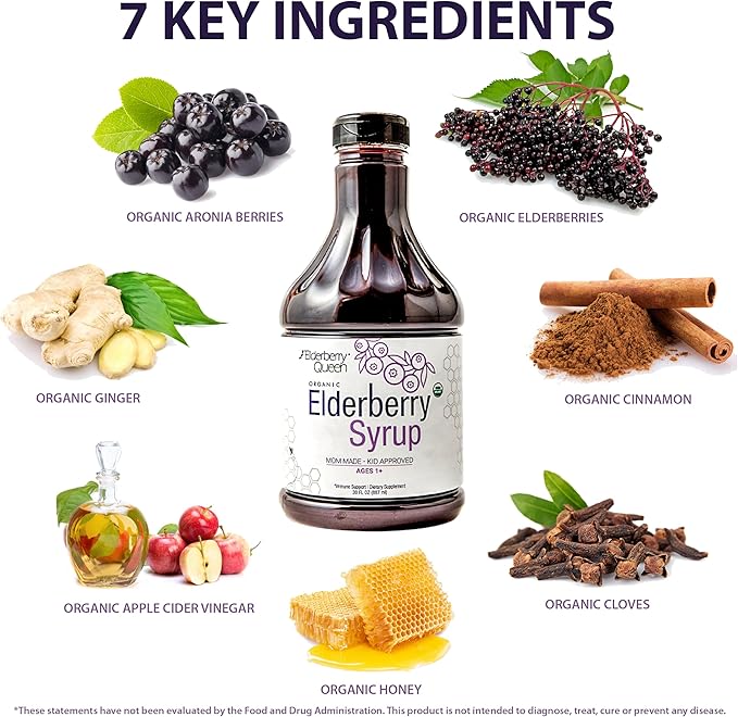 Elderberry Queen Organic Elderberry Syrup 30 Fl Oz - Immune Support Formula with Sambucus Black Elderberry &amp Aronia Berry - Pure Natural Certified Organic Elderberry Syrup for Kids and Adults