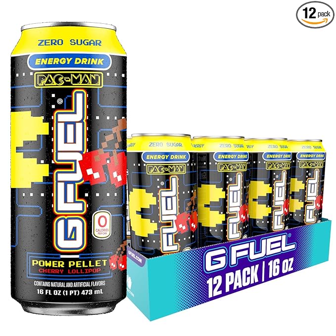 G Fuel Energy Drink Cherry Lollipop Sugar Free Beverage with 140mg Caffeine Daily Energy Boost with Focus Amino Vitamin + Antioxidants 16 oz Cans (Pac-Man Power Pellet 12-Pack)