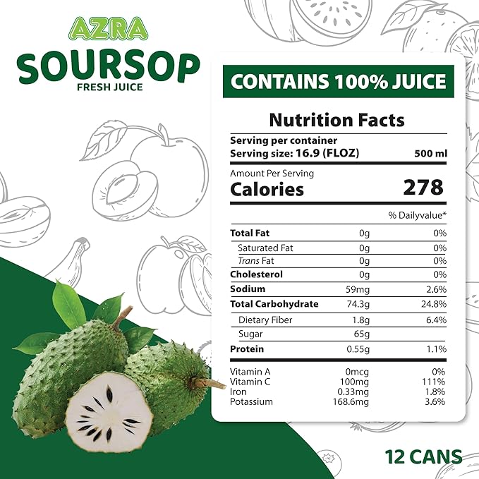 AZRA 100% Soursop Juice – 500ml Cans Exotic Fruit Juice Beverages – Zero Sugar Drinks Healthy Soursop Drink for Kids and Adults – Bulk 100% Juice Pack 12 Count