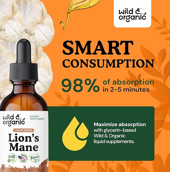 Wild &amp Organic Lions Mane Liquid Drops - Focus &amp Brain Support - Lions Mane Supplement - Hericium Erinaceus Mushroom Extract Tincture - Vegan Alcohol &amp Sugar-Free - 2 fl oz
