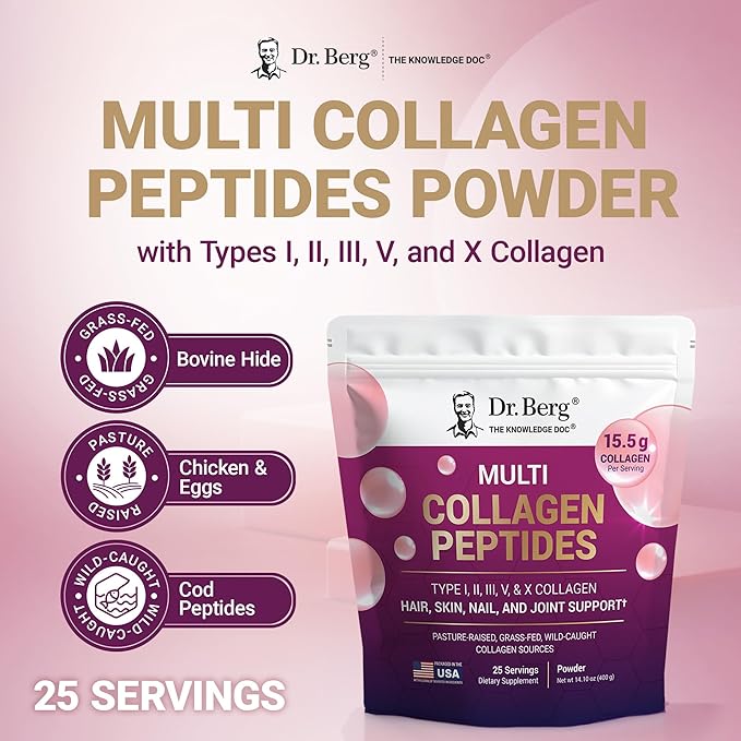 Dr. Berg Multi Collagen Peptides Powder Types I II III V X - Unflavored Collagen Powder w/ 14 g of Protein - Grass-Fed Pasture-Raised &amp Wild-Caught Collagen Sources - 25 Servings