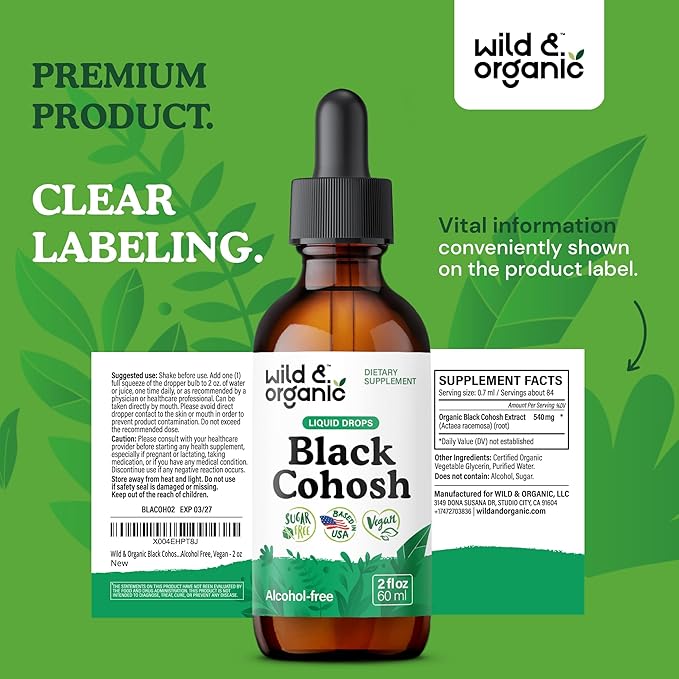 Wild &amp Organic Black Cohosh Supplements Women - Menopause &amp Perimenopause Support - 540 mg Natural Black Cohosh Tincture - Add to Tea Liquid Drops - 2-Month Supply - Vegan Sugar &amp Alcohol