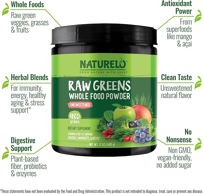 NATURELO Raw Greens Superfood Powder - Unsweetened - Boost Energy Detox Enhance Health - Organic Spirulina - Wheat Grass - Whole Food Nutrition from Fruits &amp Vegetables - 480 Grams