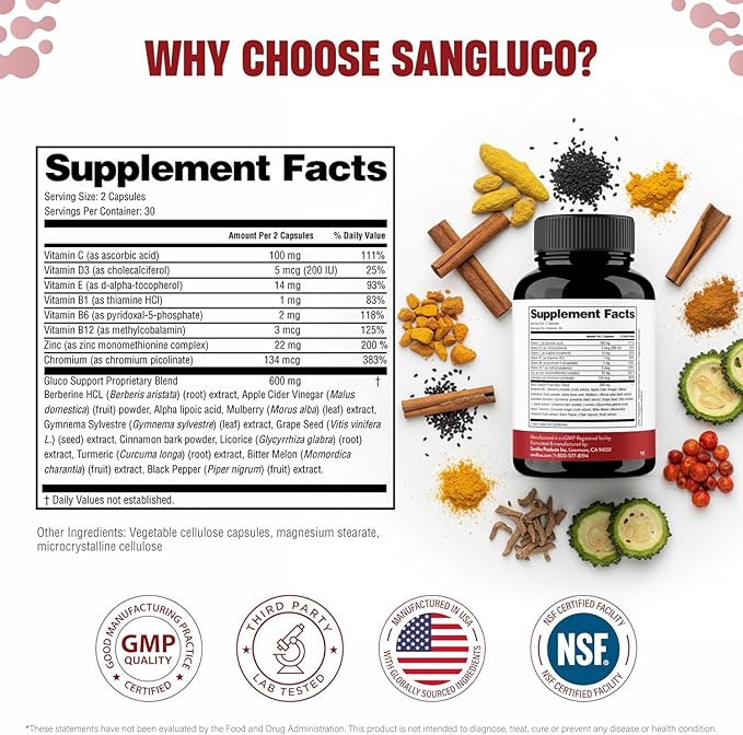 Sangluco Berberine Cinnamon Chromium Turmeric Apple Cider Vinegar Bitter Melon Supplement | Supports Healthy Levels Already Within Normal Range | 120 Capsules