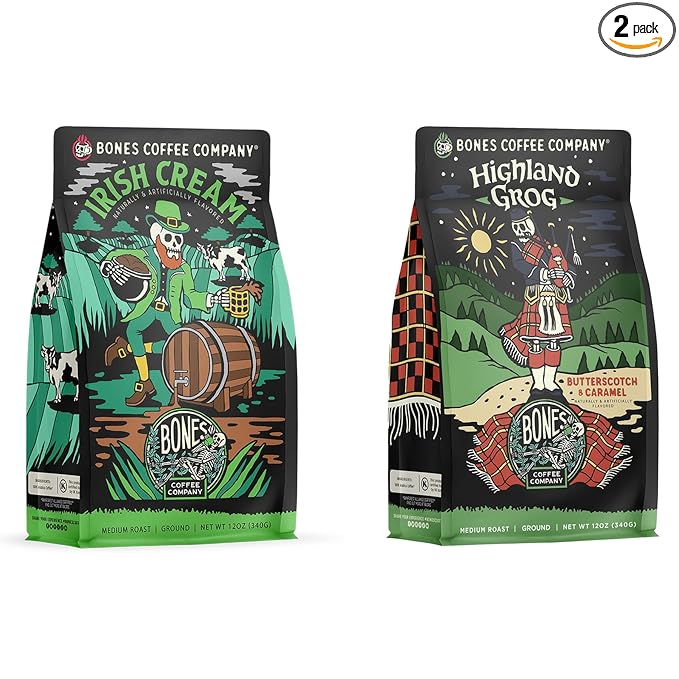 Bones Coffee Company Irish Cream and Highland Grog Flavored Ground Coffee Beans Bundle | 12 oz Medium Roast Arabica Low Acid Coffee Gifts (Ground)