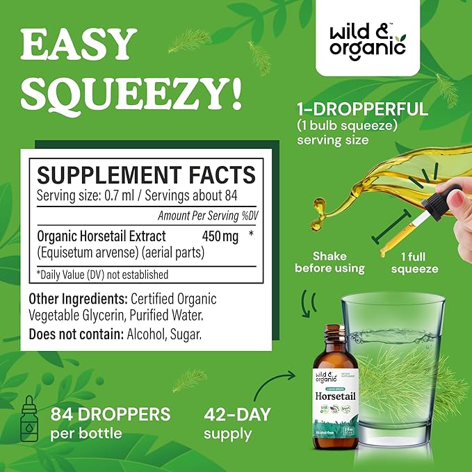 Wild &amp Organic Horsetail Extract Drops - Hair Skin Nails Support - Liquid Horsetail Supplement - Herb Powder Based Tincture - Vegan Sugar &amp Alcohol-Free - 2 fl oz