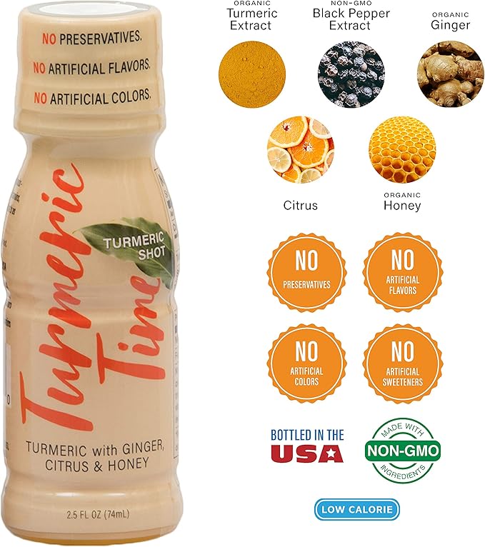 Turmeric Shots - Turmeric with Ginger Citrus &amp Honey | Non-GMO | No Preservatives or Artificial Flavors/Colors/Sweeteners | B Vitamins | Liquid Turmeric (24 Pack)