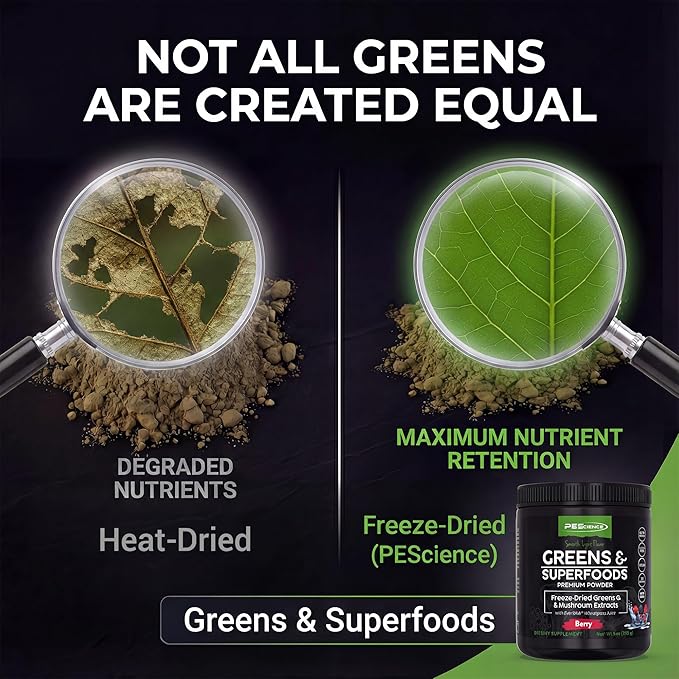 PEScience Greens Powder Superfood with Natural Chlorophyll Reishi &amp Turkey Tail Mushroom Powders Freeze-Dried Kale Spinach Broccoli Sprouts - Berry Flavor 30 Servings