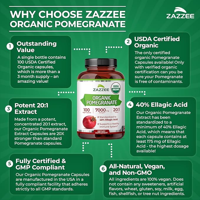 Zazzee USDA Organic Pomegranate 20:1 Extract 40% Ellagic Acid 100 Vegan Capsules 3+ Month Supply Punica Granatum Antioxidant Immune &amp Polyphenol Support All-Natural Non-GMO Made in the US
