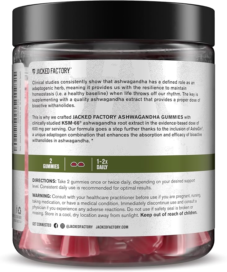 Jacked Factory Ashwagandha Gummies - KSM 66 Ashwagandha Gummies (600mg Per Serving) - Enhance Cognitive Function Boost Mood and Promote Hormonal Balance - 120 Gummies Cherry Splash