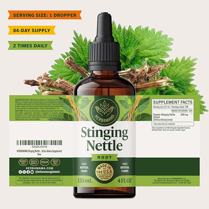 HERBAMAMA Stinging Nettle Tincture - Vegan Urinary Tract Support with Stinging Nettle Root Extract - Non-GMO Alcohol &amp Sugar-Free Urtica Dioica Supplement - 84-Day Supply