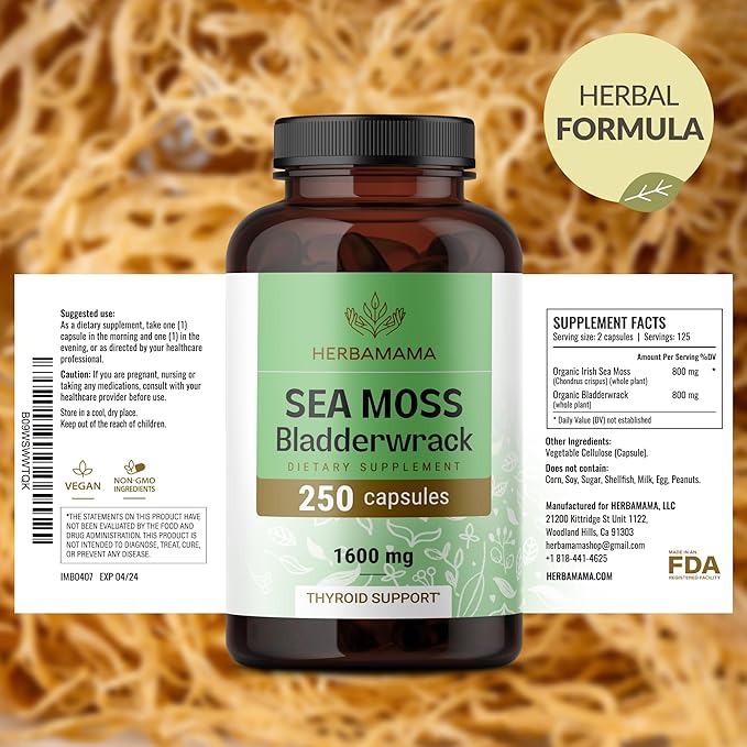 HERBAMAMA Irish Sea Moss Capsules - 1600mg Sea Moss and Bladderwrack for Immune Support - Vegan Non-GMO Immunity Supplement for Overall Support