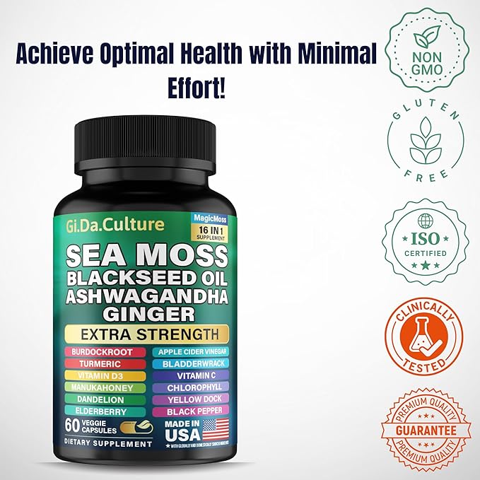 Organic Sea Moss Capsules - Organic Irish Sea Moss Black Seed Oil Ashwagandha Ginger Burdock Root Bladderwrack Turmeric Black Pepper Vitamin C D3-60 Veggie Capsules for Men &amp Women