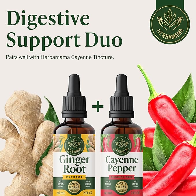 HERBAMAMA Ginger Drops - Vegan Digestive Support &amp Overall Well-Being with Ginger Root Extract Tincture - Non-GMO Alcohol &amp Sugar-Free Liquid Antioxidant Supplement 28-Day Supply