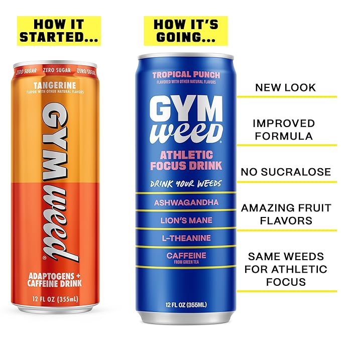 GYM WEED Athletic Focus Drink with KSM-66 Ashwagandha Lion's Mane Mushroom L-Theanine 200mg Green Tea Caffeine with Natural Sweeteners Tropical Punch Flavor 12 Pack