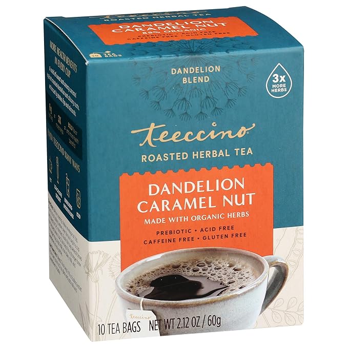 Teeccino Dandelion Dark Roast and Dandelion Caramel Nut Tea Variety Pack - Caffeine-Free Roasted Herbal Tea with Prebiotics Gluten Free - 10 Tea Bags (Pack of 4)