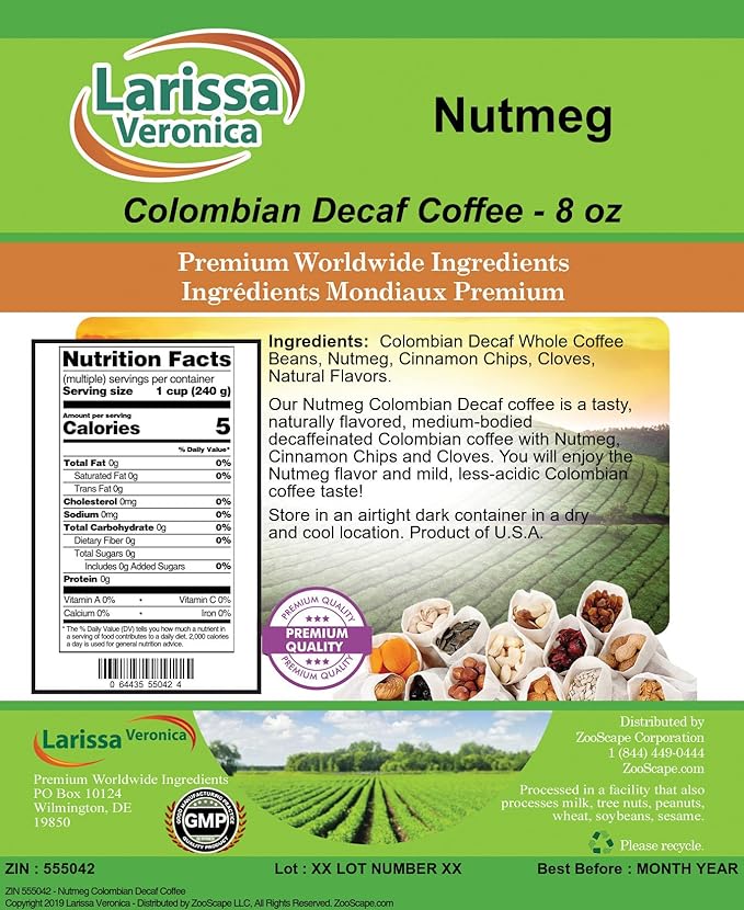 Nutmeg Colombian Decaf Coffee (Gourmet Naturally Flavored Whole Coffee Beans) (8 oz ZIN: 555042) - 2 Pack