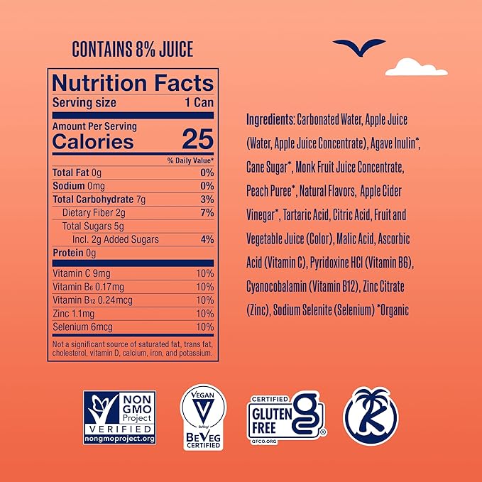 SunSip Prebiotic Soda by Health-Ade Better-for-You Soda Swap Beverage with Vitamins &amp Minerals Naturally Sweetened with 5g of Sugar Peach 11.5 oz (12 Pack)