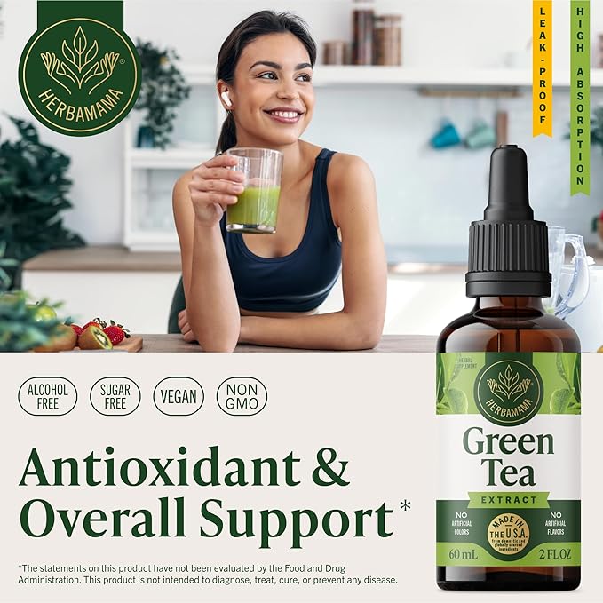 HERBAMAMA Green Tea Extract Drops - Vegan Antioxidant &amp Overall Support with Camellia Sinensis Extract Tincture - Non-GMO Alcohol &amp Sugar-Free Natural Green Tea Supplements 42-Day Supply