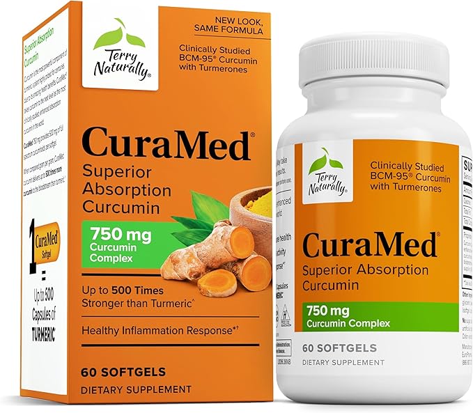 Terry Naturally CuraMed 750mg - Antioxidant Supplement for Brain &amp Heart Health Support - Dietary Supplement with High-Potency Curcumin Complex - Kidney Liver &amp Immune Health Support - 60 Sof