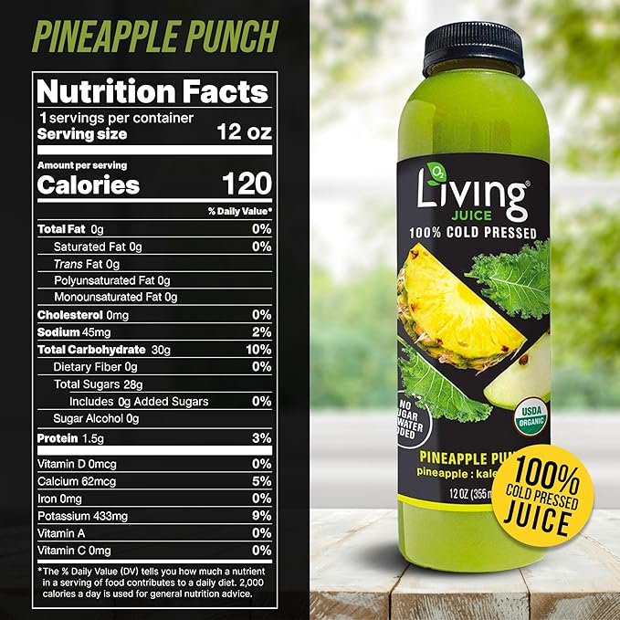 O2 Living Juice Cold Pressed Drink - Pineapple Punch Organic Juice Pack - No Added Sugars or Water Naturally Sweetened from Fruits Rich in Nutrients &amp Vitamins - Non-GMO - 12 fl oz - 12 Pack