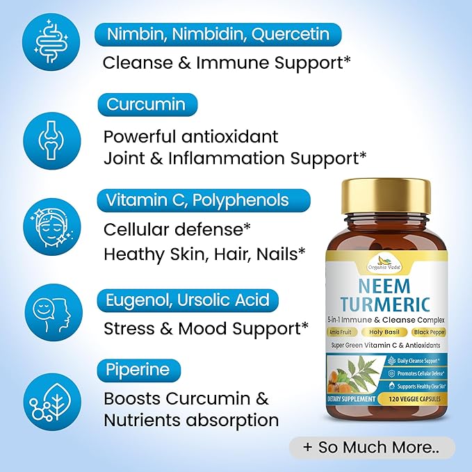Organic Veda Neem Turmeric Capsules - 5 in 1 Herbal Complex with Amla Fruit Holy Basil Black Pepper - Immune Cleanse Skin &amp Gut Health Supplement with Vitamin C &amp Antioxidants 120 Vegan Ca