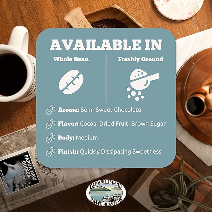 Camano Island Coffee Roasters Papua New Guinea Whole Bean 2lb Fresh Medium Roast USDA Organic Fairly Traded Shade Grown Top 1% Arabica Delicious Cocoa Dried Fruit Brown Sugar Flavor Profile
