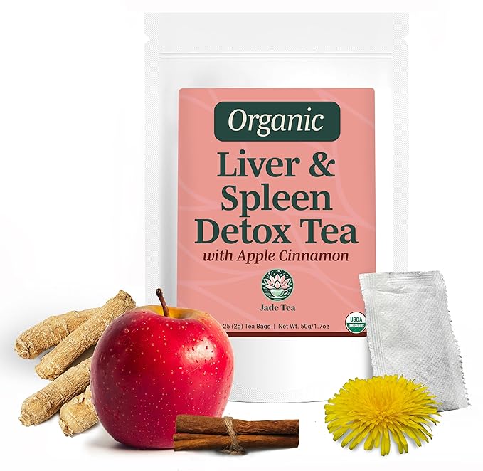 Jade Tea - Organic Liver &amp Spleen Detox Tea - Organic Dandelion Root Tea Burdock Root Ginger Root &amp Orange Peel - Supports Liver Kindey Gallbladder &amp Spleen Health - Apple Cinnamon Fla