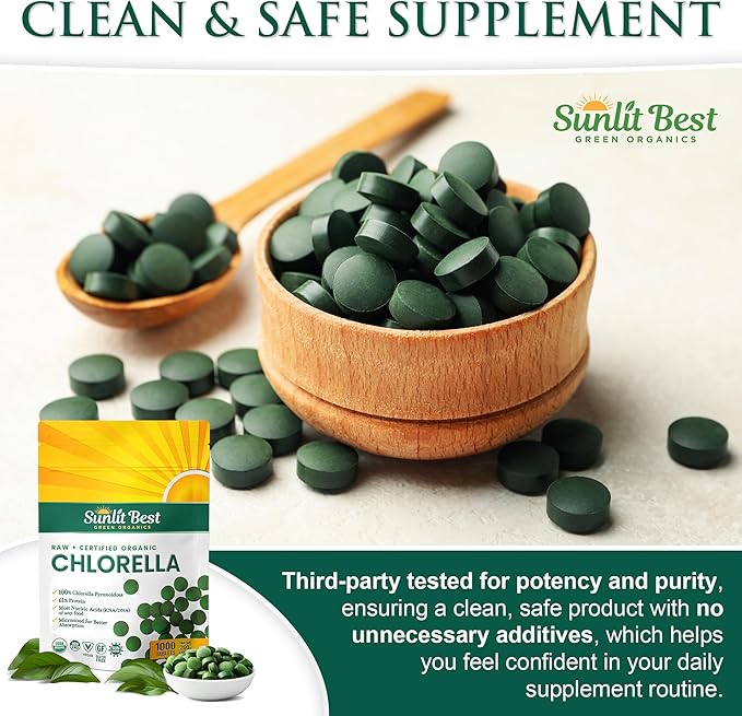 Sunlit Best USDA Organic Premium Chlorella Tablets 1000 Count | 100% Pure Chlorella Superfood Supplement High in Protein Chlorophyll Vitamins &amp Minerals | Supports Good Health Wellbeing