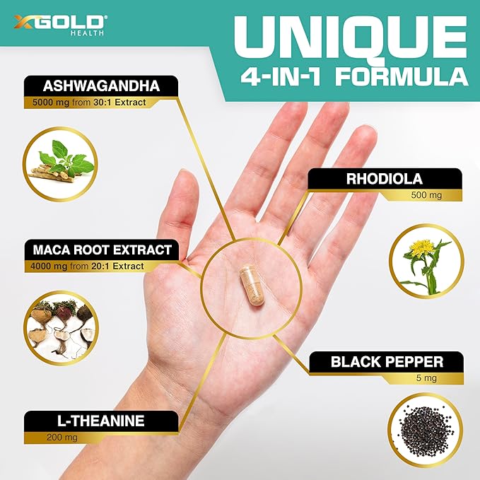Ashwagandha 5000mg + Maca Root Black Red Yellow 4000mg Rhodiola &amp L-Theanine: 30:1 Extract Ashwagandha Capsules 20:1 Extract Maca Root Capsules - Supplement for Men and Women