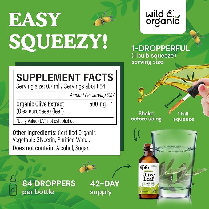 Wild &amp Organic Olive Leaf Extract Liquid Drops - Immune &amp Antioxidant Support - Oleuropein Olive Leaf Supplement - Add to Tea Tincture - Vegan Sugar &amp Alcohol-Free - 2 fl oz