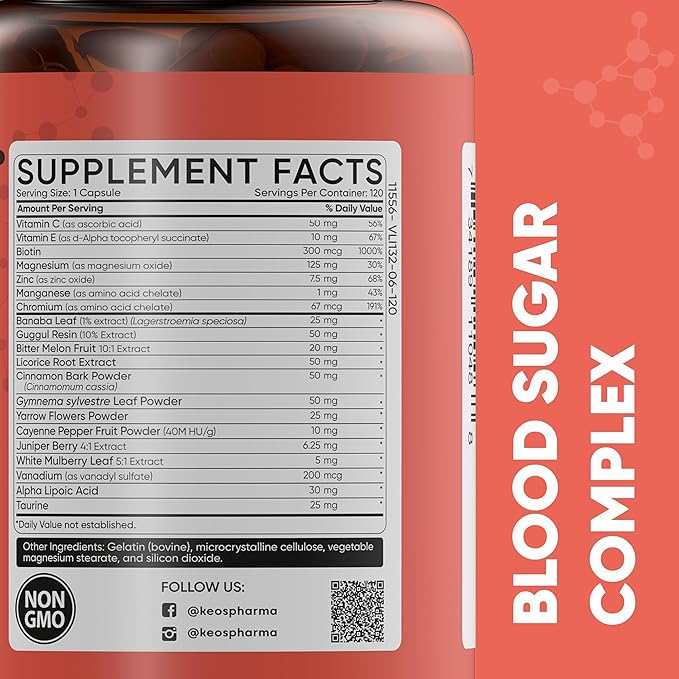 Blood Sugar Supplement 120 Capsules Up to 4 Months Supply with Magnesium Cinnamon Zinc Vitamin CE Biotin and Other