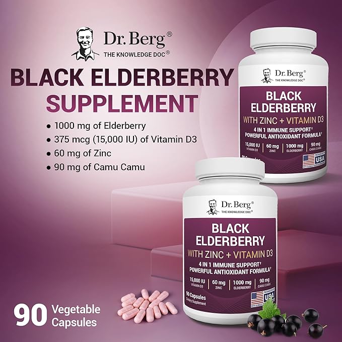 Dr. Berg Black Elderberry Capsules (Advanced Immune Support*) with 15000 IU Vitamin D 60 mg of Zinc &amp 90 mg of Camu Camu - (4-in-1) Sambucus Elderberry Immune Support Supplement - 90 Capsules