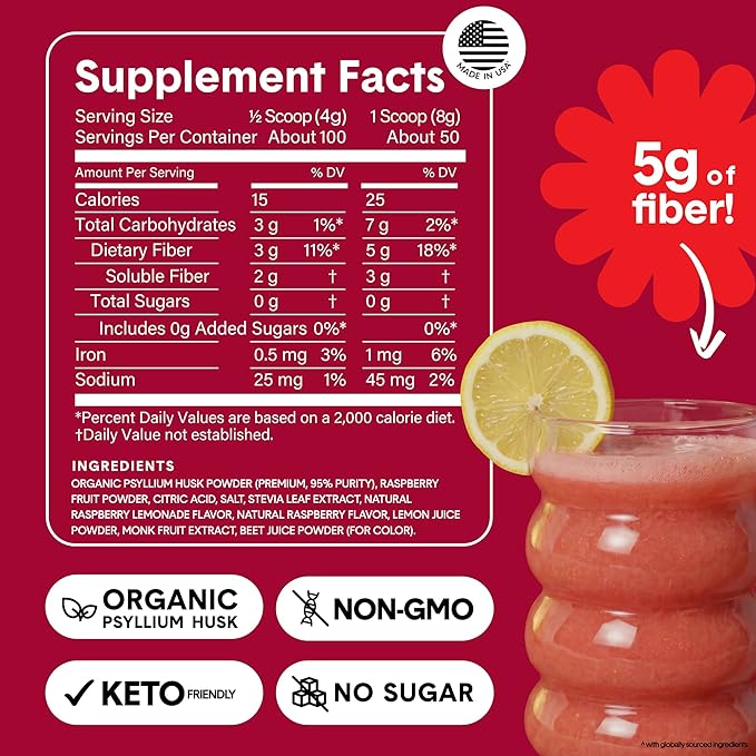 Bellway Super Fiber Powder + Fruit Sugar Free Organic Psyllium Husk Powder Fiber Supplement for Regularity Bloating Relief &amp Digestive Health Plant-Based Raspberry Lemon (50 Servings)