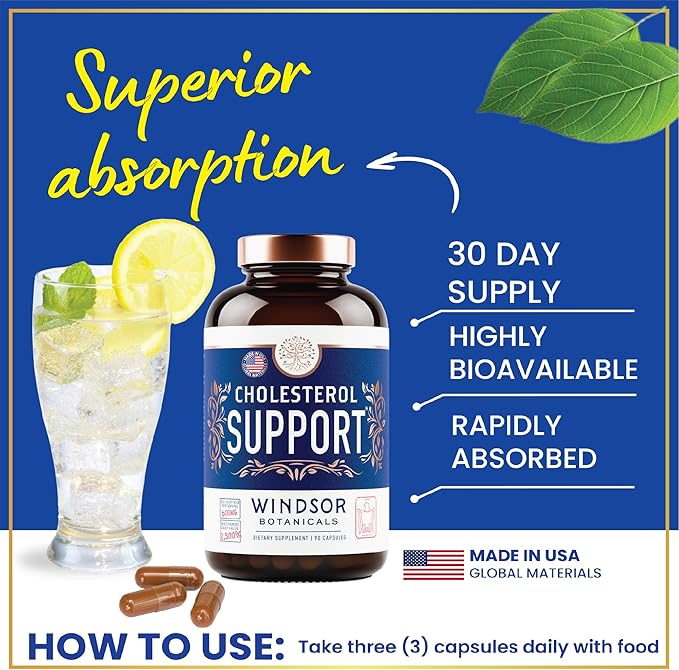 WINDSOR BOTANICALS Cholesterol Supplements - Citrus Bergamot Niacin Red Yeast Rice Berberine Aronia Berry Extract to Support Normal HDL and LDL Cholesterol Levels - 90 Vegan Non-GMO Capsules