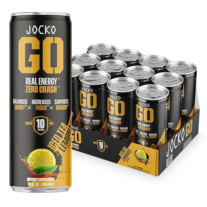Jocko GO Energy Drink - Keto Vitamin B12 Vitamin B6 Electrolytes L Theanine Magnesium- Energy Boost Sugar Free Nootropic Monk Fruit Blend - 12 Pack (Iced Tea - Lemonade)