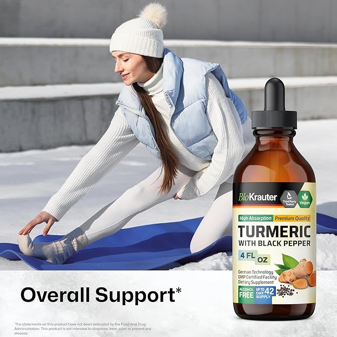 BIO KRAUTER® Turmeric Supplement for Joint Support - Pure Vegan Curcumin with Black Pepper 4 Fl.Oz 56 Days of Supply - Curcumin Drops 1200 mg for Antioxidant &amp Immune Support - Alcohol &amp Sugar