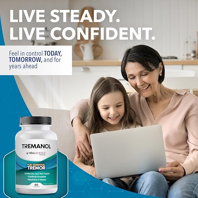 Tremanol Natural Aid Essential Tremor Relief Herbal Supplement for Neurological Support - Includes Vitamin B2 &amp B12 Passionflower &amp Skullcap for Hand Tremor Aids - Made in USA 60 Caps