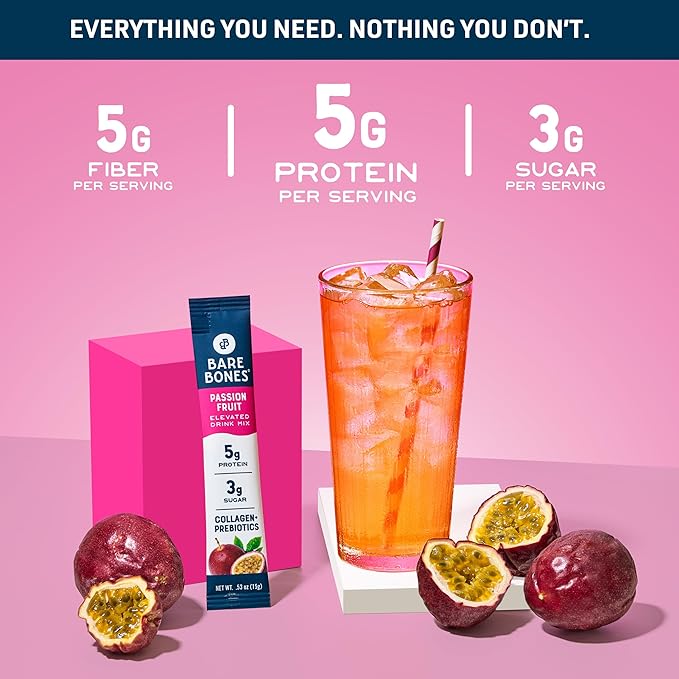 Bare Bones Passion Fruit Elevated Drink Mix | Light &amp Flavorful | Gluten-Free &amp Naturally Sweetened | On-the-Go Stick Single-Serve Packs Powdered Refreshment | 5g Protein | 16 Packets (.60 oz)