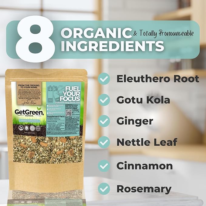 Natural Energy Boost Coffee Replacement Loose Leaf Tea w/ Eleuthero Root Gotu Kola Ginger | Organic Herbal Tea | 2 oz (57 gram) | Decaf Vegan Healthy ZERO Caffeine Organic Herbs No Natural or
