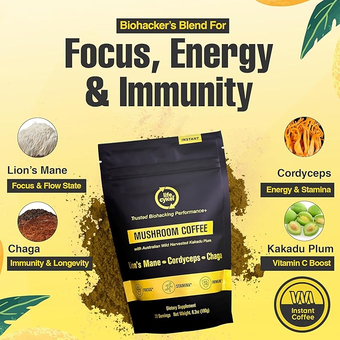 Lifecykel Mushroom Coffee – Arabica Blend with Lion’s Mane Chaga Extract Cordyceps &amp Kakadu Plum | Focus | Adaptogenic Smooth &amp Jitter-Free | 106 mg