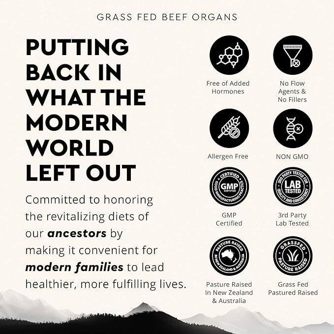 Ancestral Supplements Grass Fed Beef Organ Supplement Supports Whole Body Wellness with Proprietary Blend of Liver Heart Kidney Pancreas Spleen Freeze-Dried Beef Non-GMO 180 Capsules