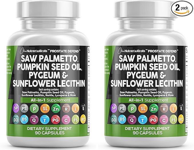 Clean Nutraceuticals Saw Palmetto Pumpkin Seed Oil Pygeum Sunflower Lecithin Stinging Nettle Cranberry - Prostate Supplements for Men with Lycopene - 90 Caps (Pack of 2)