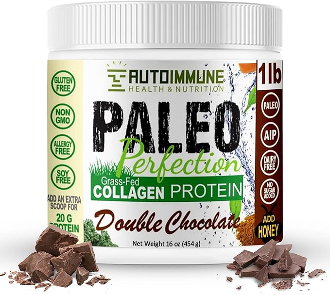 Paleo Perfection Double Chocolate Grass Fed Beef Collagen Protein Powder without Stevia - Paleo Keto SCD AIP Protein Powder w/ Apple Fiber Carrot Broccoli - 1lb Protein Powder &amp Superfood Ble