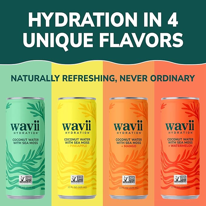 Wavii Hydration Organic Coconut Water with Organic Sea Moss 11 fl oz Cans Pack of 12 – Clean Refreshing Hydration with Naturally Occurring Electrolytes No Added Sugar Non-GMO