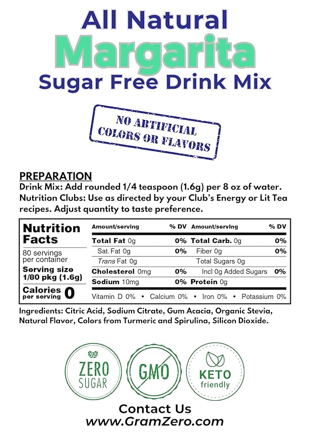 GramZero All Natural Margarita Zero Calorie Sugar Free Drink Mix Great For Nutrition Club Loaded Tea Stevia Sweetened