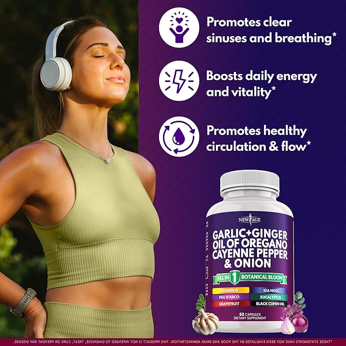 NEW AGE Garlic + Ginger Supplement - Oil of Oregano Cayenne Pepper Soursop Black Cumin Sea Moss Black Pepper - Black Seed Cleanse - 180 Count