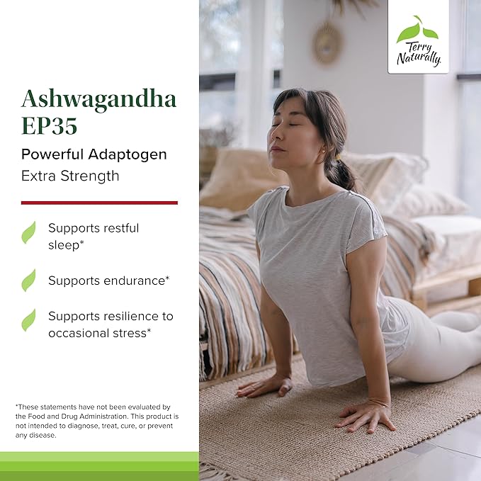 Terry Naturally Ashwagandha EP35 Extra Strength - Herbal Supplement for Sleep Support - Aid Healthy Stress Response - Endurance &amp Energy Support - 60 Capsules (60 Servings)
