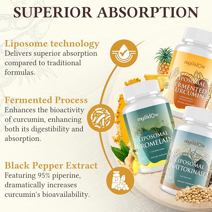 Spike Support Trio | Liposomal Nattokinase 8000 FU 500mg Bromelain 1150 mg &amp Fermented Curcumin 1800 mg | High Potency Enhanced Absorption Formula | for Immune Heart &amp Circulatory| 60 Servi