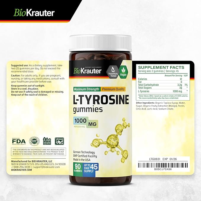 BIO KRAUTER® L Tyrosine for Mood and Cognitive Support - Supplements for Focus &amp Performance Support - L-tyrosine 1000 mg 90 Mood Gummies 45-Day Supply - Non-GMO Mango Flavor